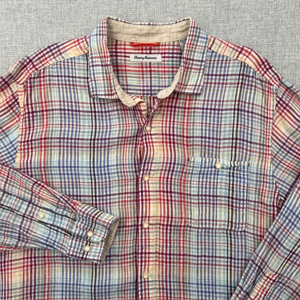 Tommy Bahama 100% Linen Plaid Shirt Men XXL Colorful Summer Coastal Resort
